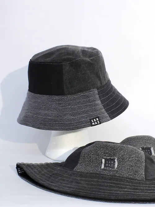 1ER MAI - Reversible bucket hat in black grey jeans patchwork/black