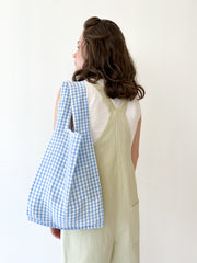 PICKUP blue and white grid pattern bag